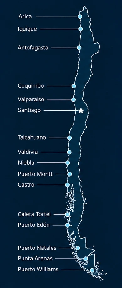 Map of Chile showing the 16 ports covered by Shackleton's Way, from Arica to Puerto Williams